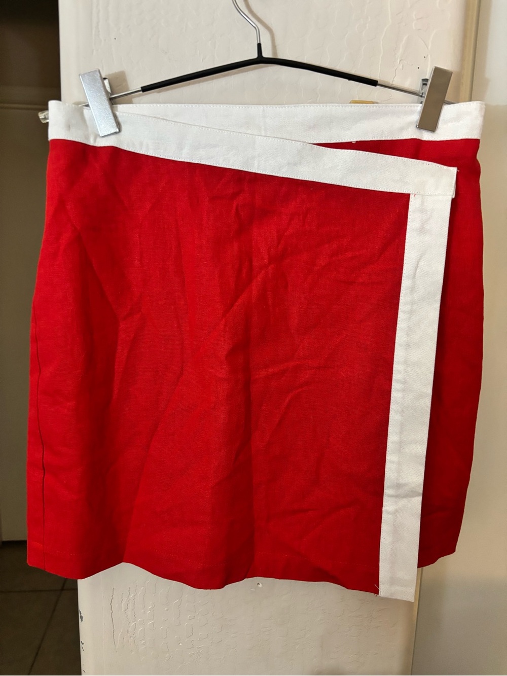 NWT Bagatelle Linen Rayon Red White Asymmetric Lined Faux Wrap Skirt, Size S